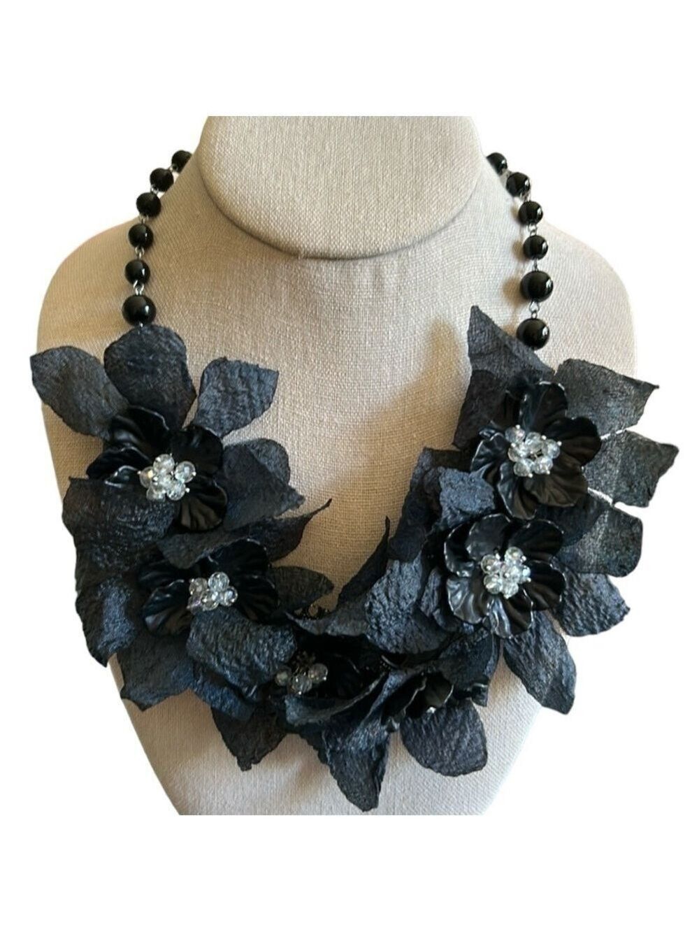 Black Fabric with Beads and Rhinestone Embellishments Statement Choker Necklace